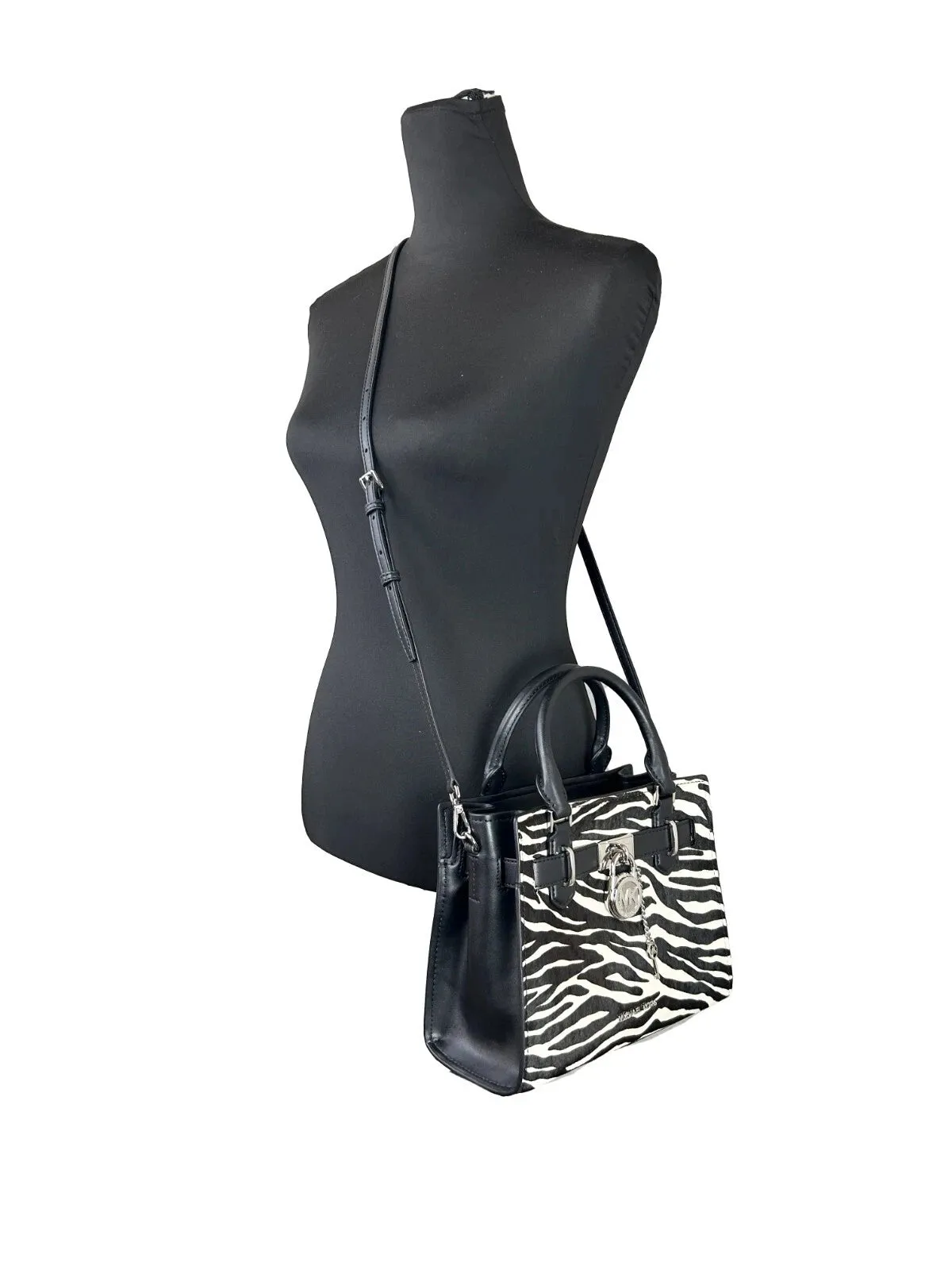 Hamilton Small Leather Zebra Print Satchel Crossbody Black/White
