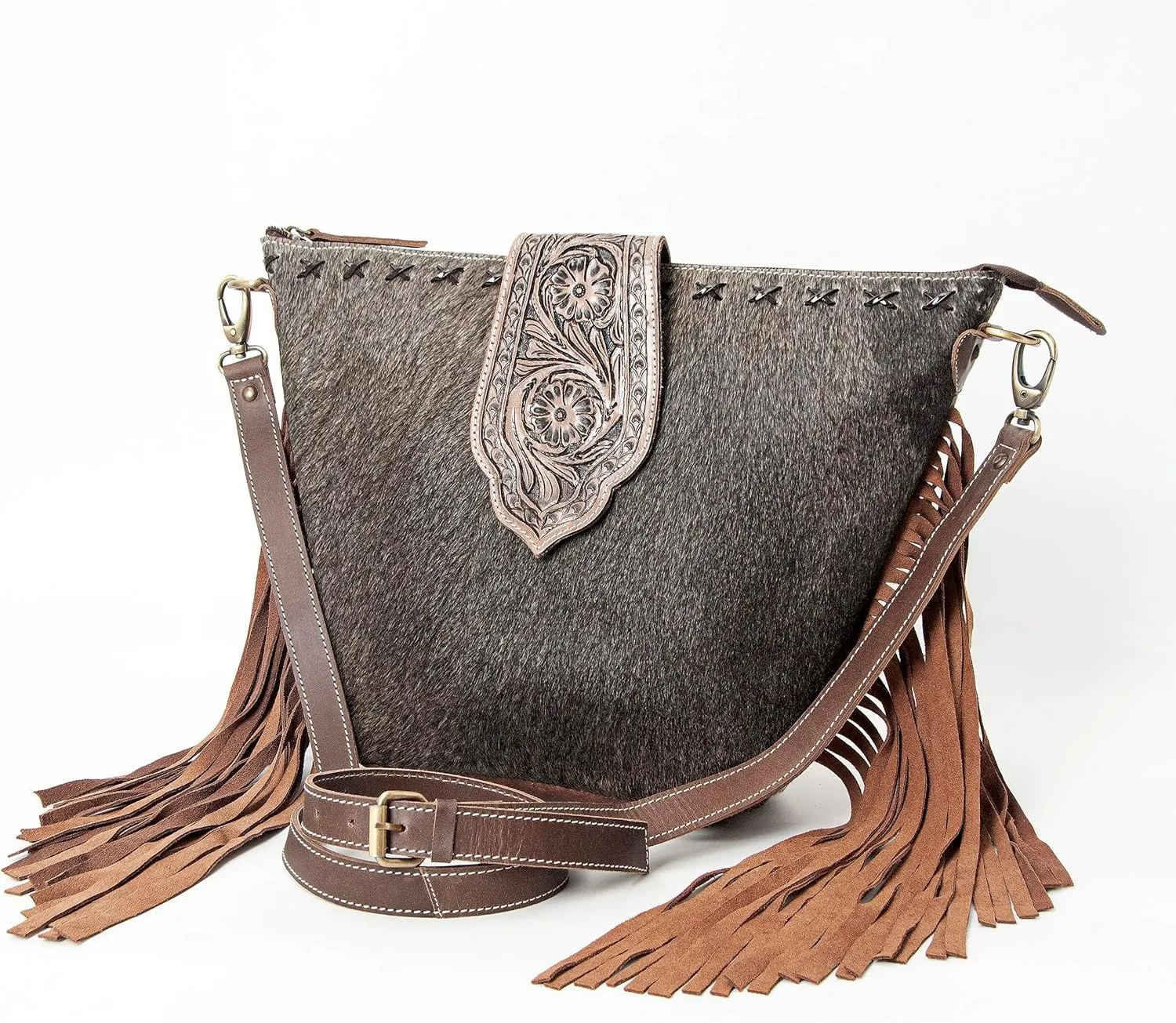 Hand Tooled Cowhide Leather Flap Open Zipper Closure Crossbody Shoulder Purse For Women