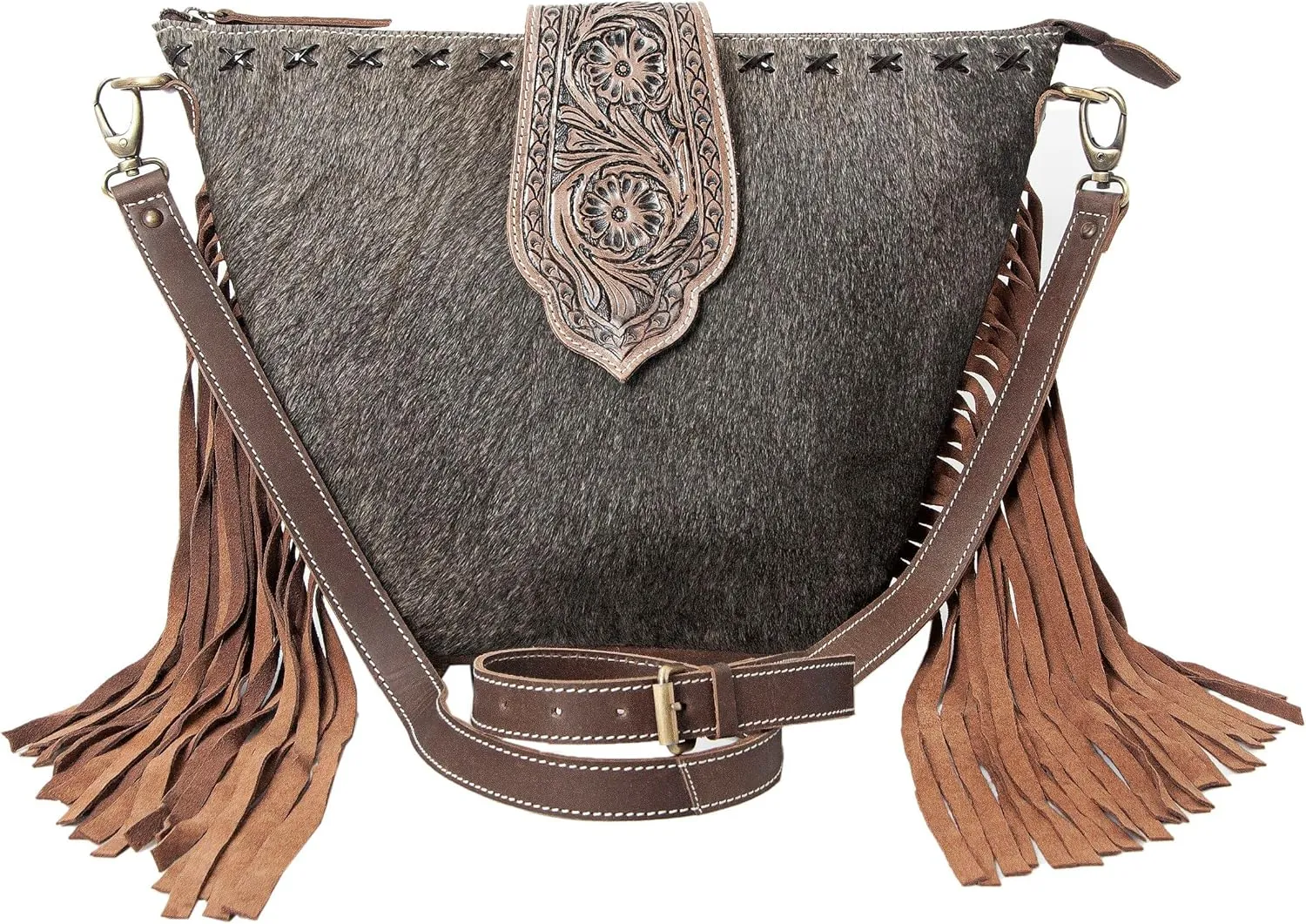 Hand Tooled Cowhide Leather Flap Open Zipper Closure Crossbody Shoulder Purse For Women