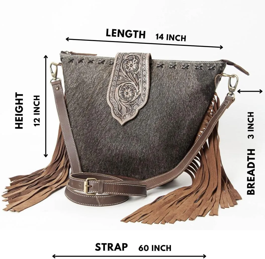 Hand Tooled Cowhide Leather Flap Open Zipper Closure Crossbody Shoulder Purse For Women