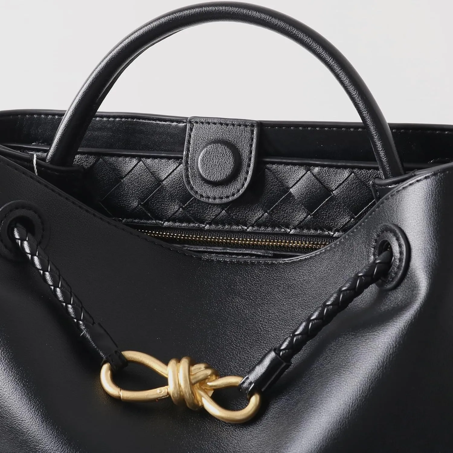 Handcrafted Premium Leather Handbag with Metal Rope Buckle, Detachable Braided Strap, Large Capacity