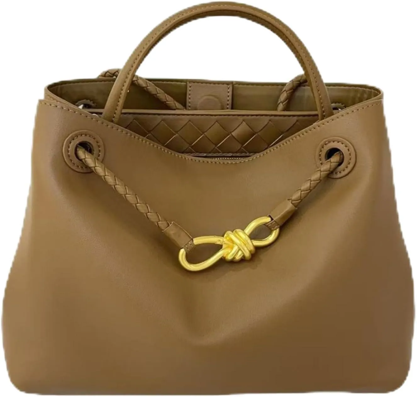 Handcrafted Premium Leather Handbag with Metal Rope Buckle, Detachable Braided Strap, Large Capacity