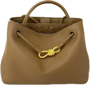 Handcrafted Premium Leather Handbag with Metal Rope Buckle, Detachable Braided Strap, Large Capacity