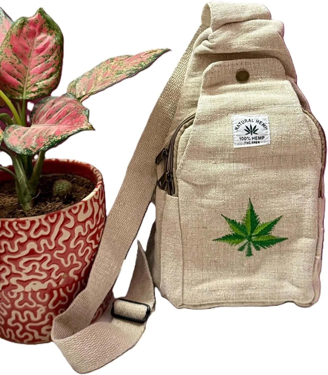 Handmade Hemp Shoulder Bag with Embroidery | Green Crossbody Bag with Passport Holder and Money Pouch | Eco-Friendly Travel Bag