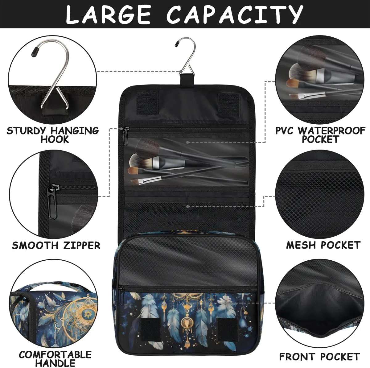 Hanging Travel Toiletry Bag Ethnic Dream Catcher Toiletry Bags with Hanging Hook Portable Cosmetic Bag Makeup Organizer for Travel Business Trip