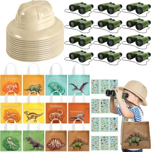 Haysandy 48 Pcs Kids Explorer Costume Set Include Plastic Kids Safari Hat Dinosaur Tote Bag Adventure Binoculars Dinosaur Stickers Jungle Party Supplies Favors for Outdoor Halloween Costume Activity