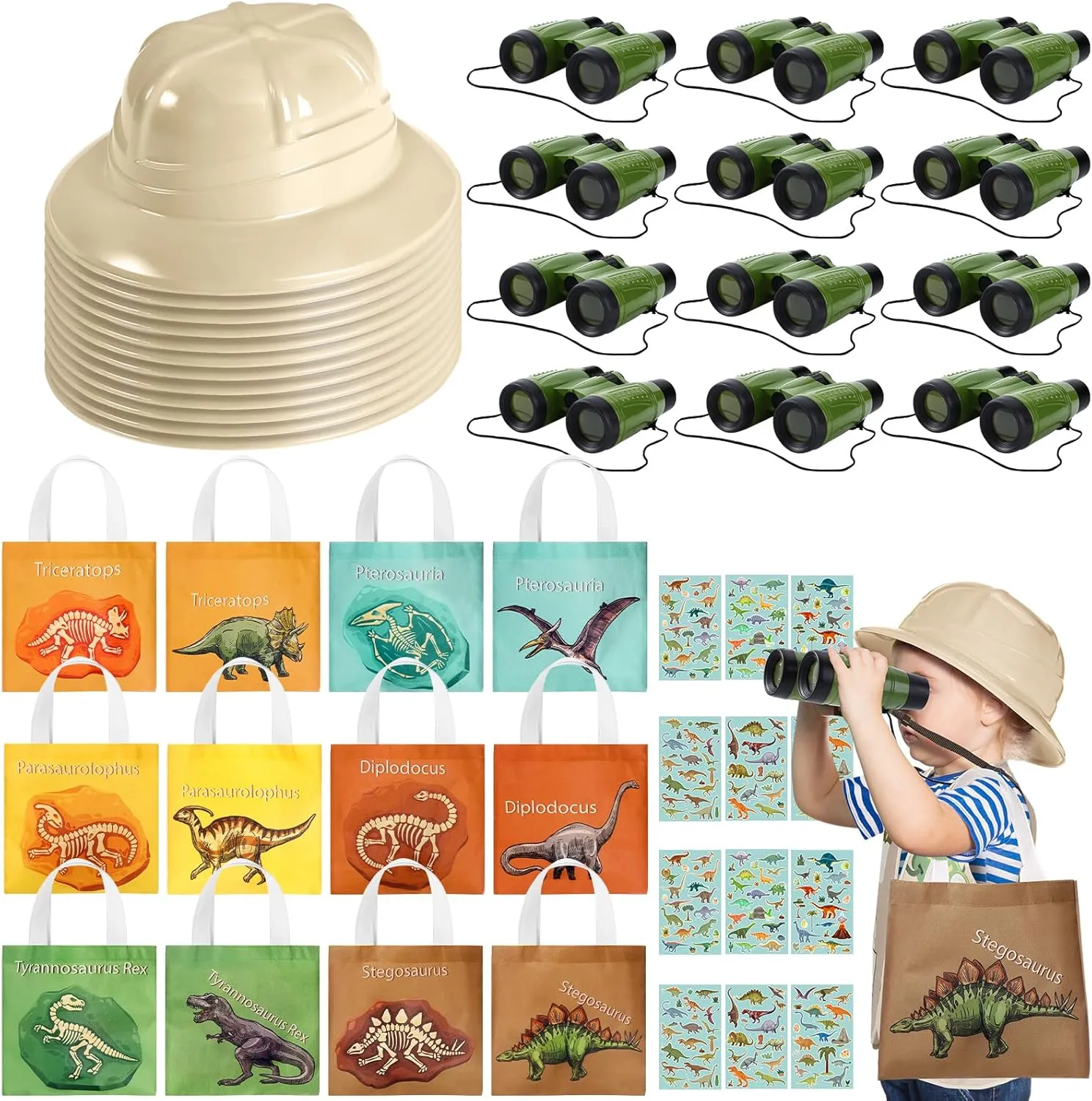 Haysandy 48 Pcs Kids Explorer Costume Set Include Plastic Kids Safari Hat Dinosaur Tote Bag Adventure Binoculars Dinosaur Stickers Jungle Party Supplies Favors for Outdoor Halloween Costume Activity
