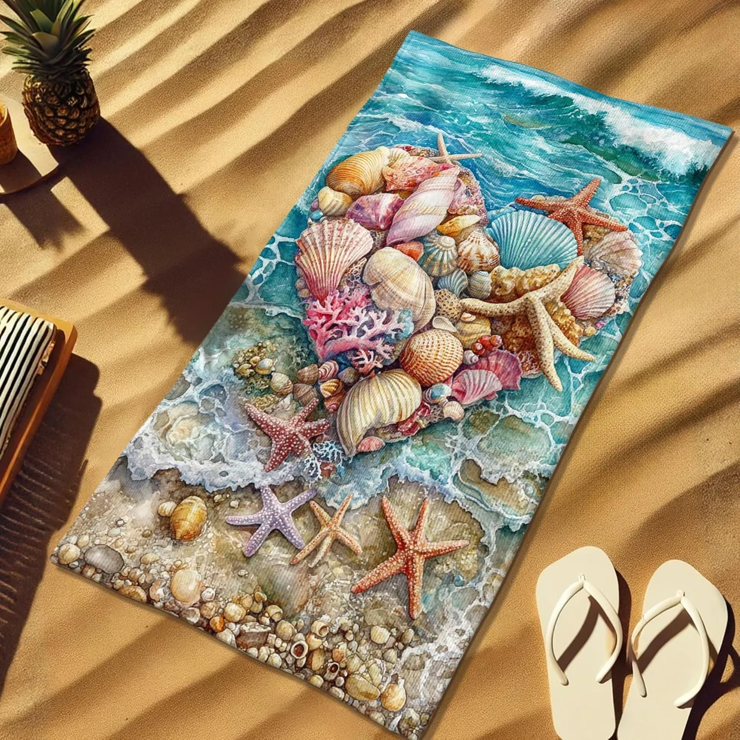 Heart Shaped Shells Microfiber Beach Towel Colorful Nautical Design Quick Dry Absorbent Sand Free Lightweight Beach Blanket, Vacation Pool Picnic Essentials 62x31 Inch