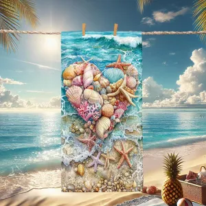 Heart Shaped Shells Microfiber Beach Towel Colorful Nautical Design Quick Dry Absorbent Sand Free Lightweight Beach Blanket, Vacation Pool Picnic Essentials 62x31 Inch