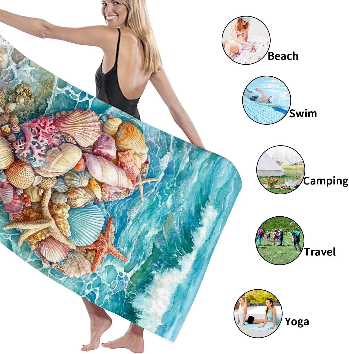 Heart Shaped Shells Microfiber Beach Towel Colorful Nautical Design Quick Dry Absorbent Sand Free Lightweight Beach Blanket, Vacation Pool Picnic Essentials 62x31 Inch