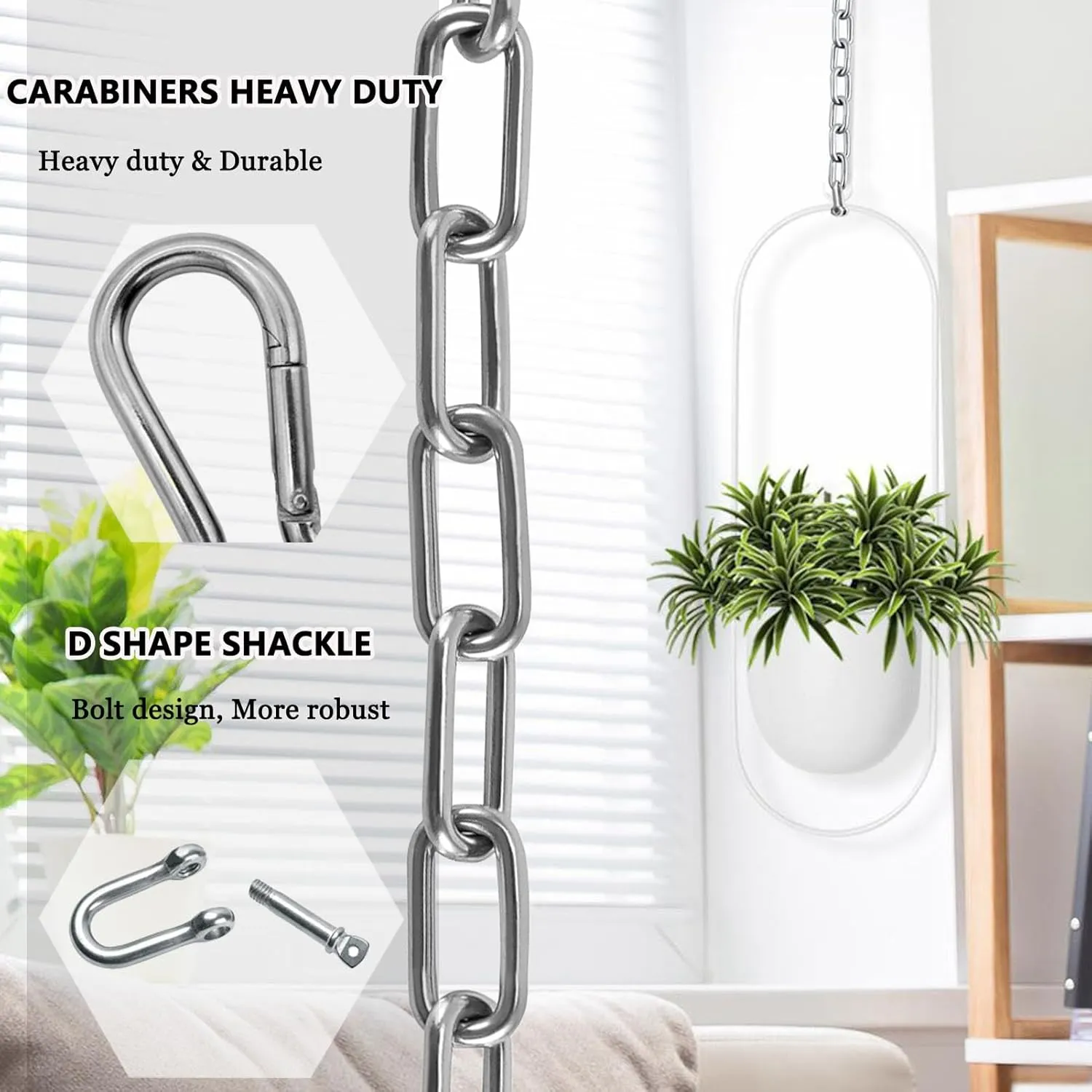 Heavy Duty Stainless Steel Chain 550LB Capacity for Hanging Shooting Targets Punching Bags, Including 2 Chain, 2 D-Shackle, 2 Carabiners