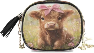 Highland Calf Flower Crossbody Bags for Women Small Purses Crossbody Bag Leather Purse Handbags with Detachable Chain Clutch Purses Cell Phone Purse Evening Bag