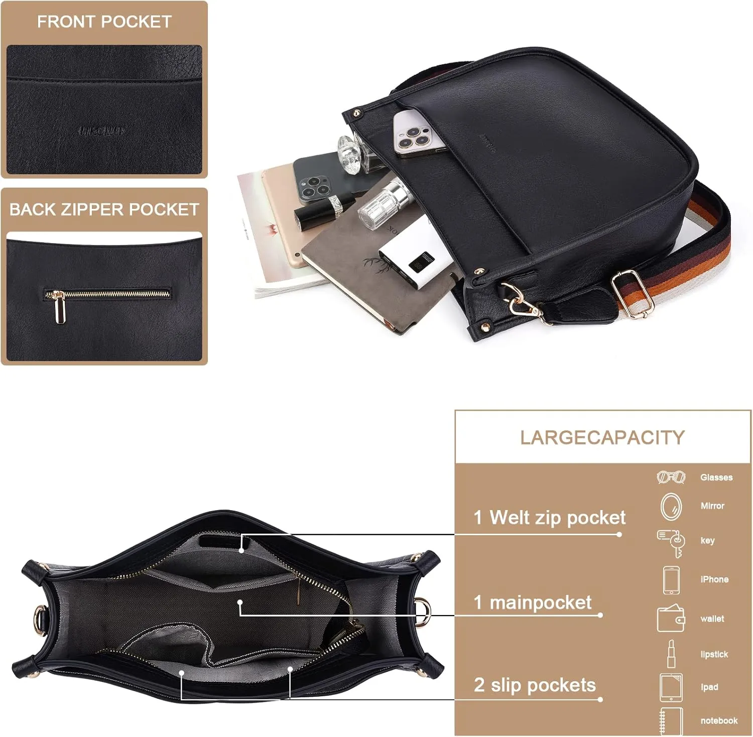 HKCLUF Crossbody Bags for Women Trendy Vegan Leather Hobo Handbags With 2PCS Adjustable Guitar Strap Shoulder Bucket Bags