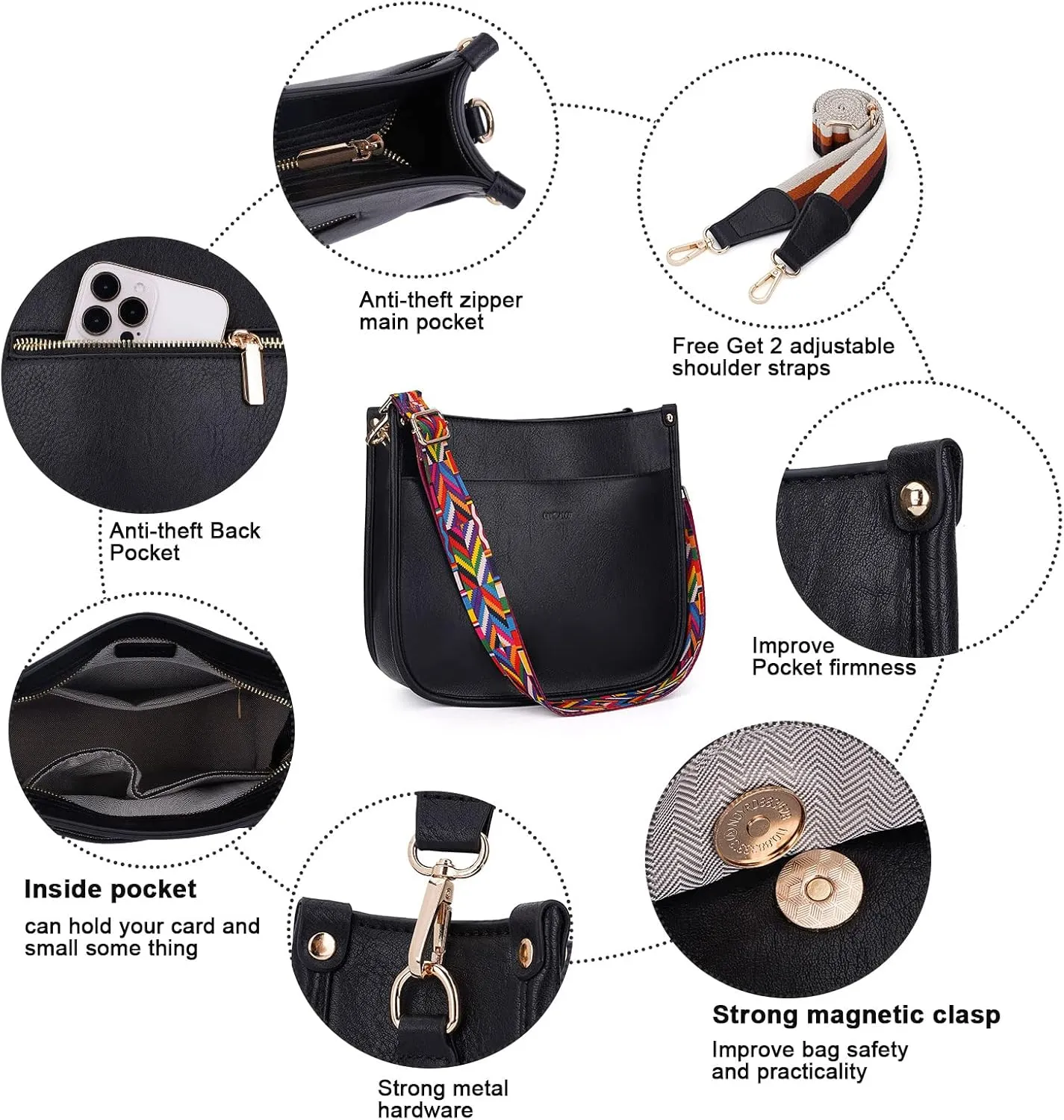 HKCLUF Crossbody Bags for Women Trendy Vegan Leather Hobo Handbags With 2PCS Adjustable Guitar Strap Shoulder Bucket Bags