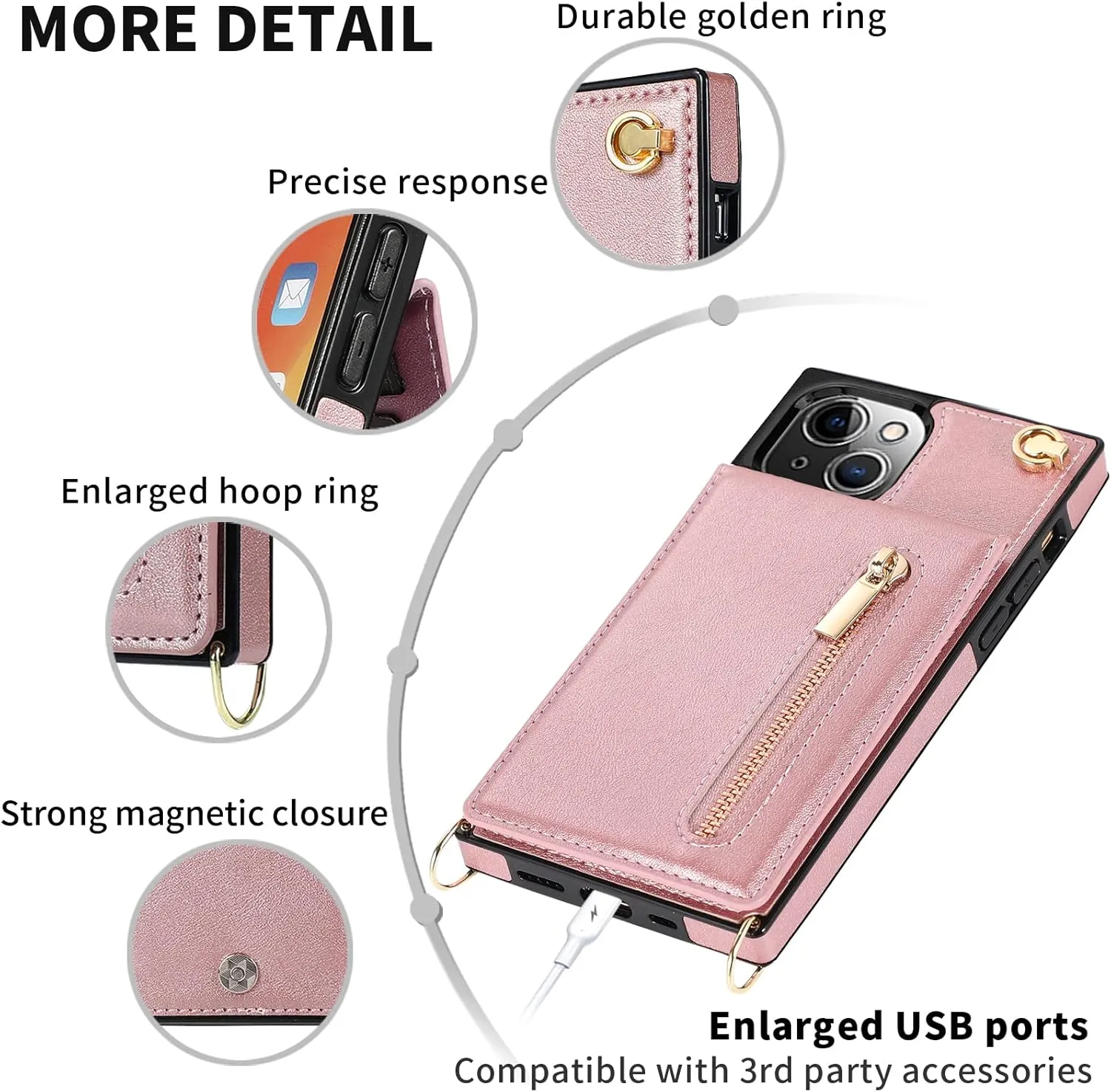 HOGGU Crossbody Case Compatible for iPhone 14 Case Wallet with Card Holder, Flip Leather Case with Crossbody Strap, Protective Phone Case for Women Girls-Rose Gold