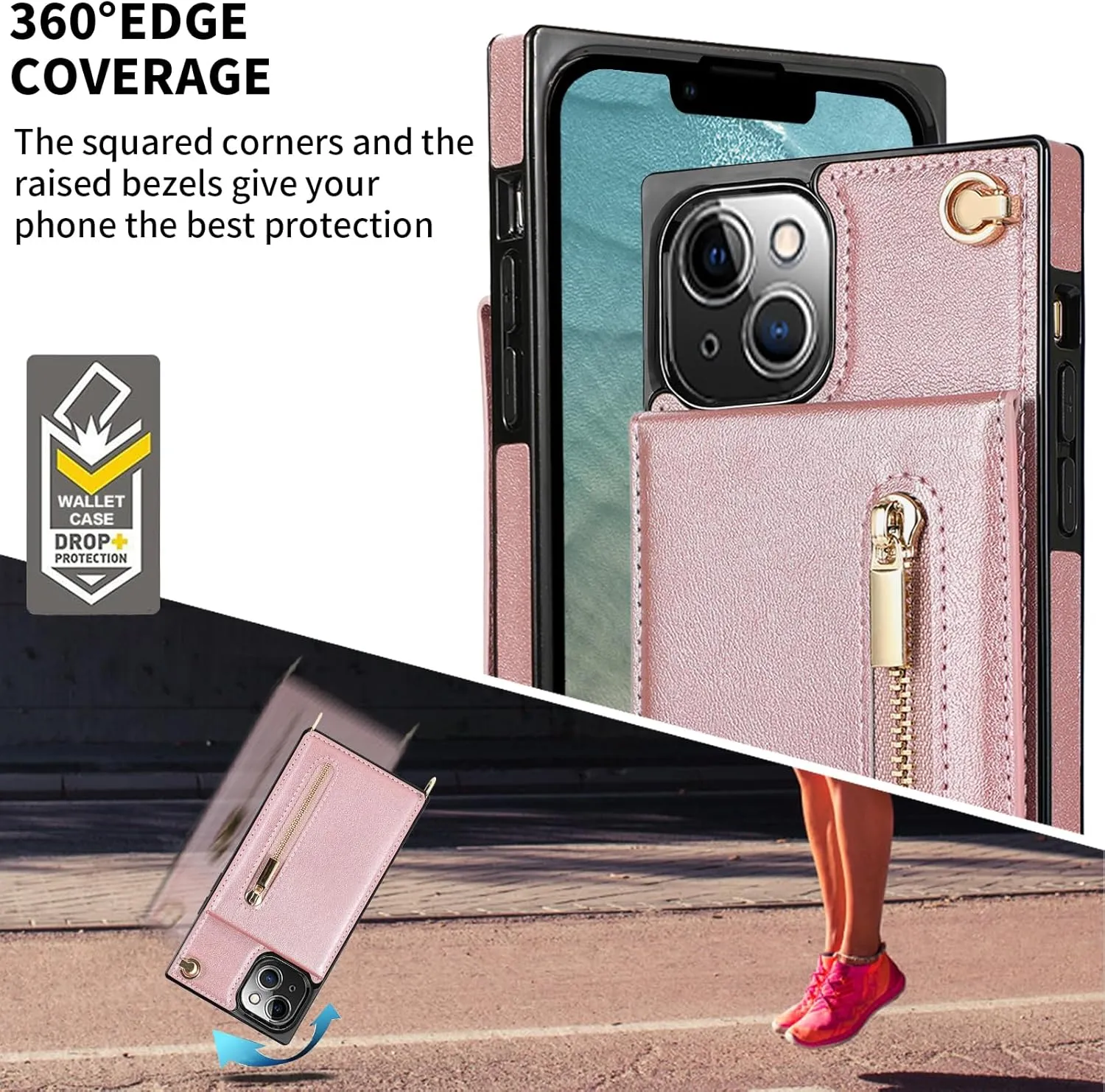 HOGGU Crossbody Case Compatible for iPhone 14 Case Wallet with Card Holder, Flip Leather Case with Crossbody Strap, Protective Phone Case for Women Girls-Rose Gold