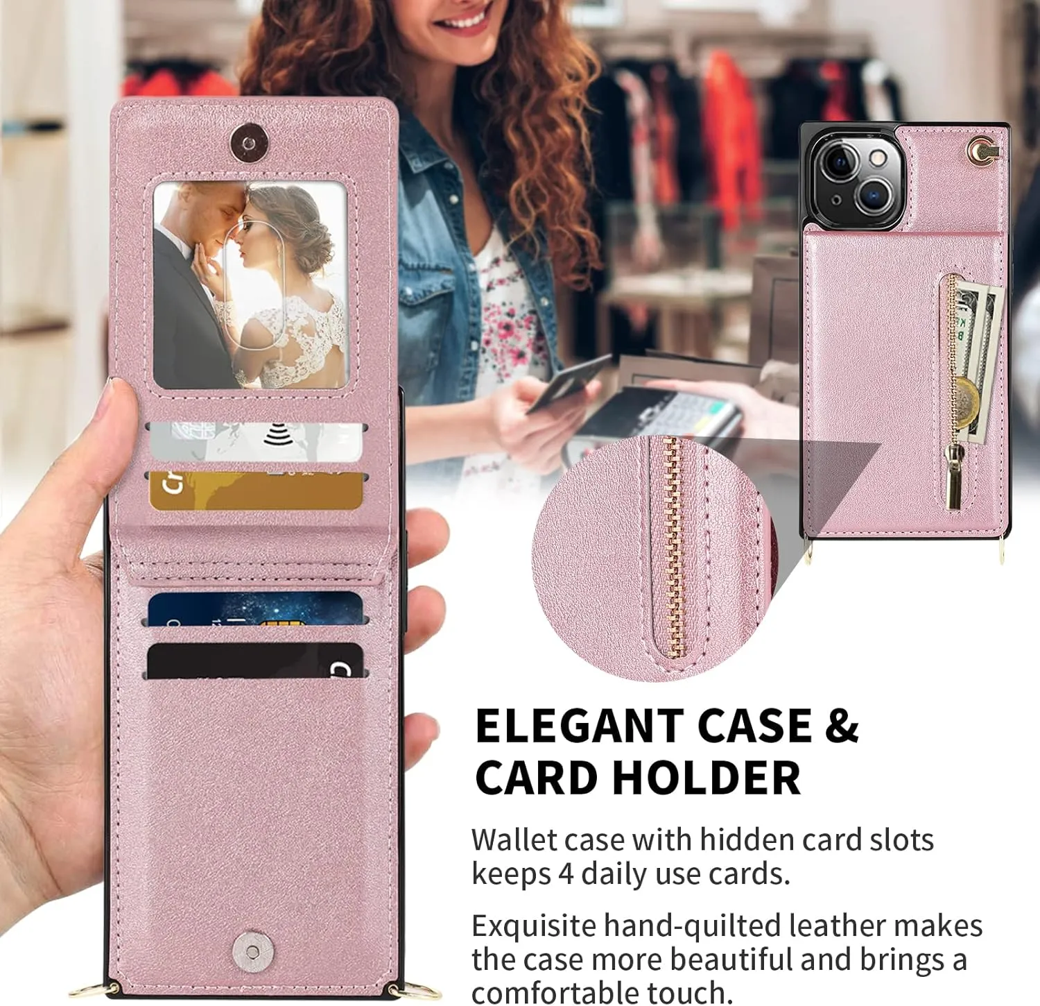 HOGGU Crossbody Case Compatible for iPhone 14 Case Wallet with Card Holder, Flip Leather Case with Crossbody Strap, Protective Phone Case for Women Girls-Rose Gold