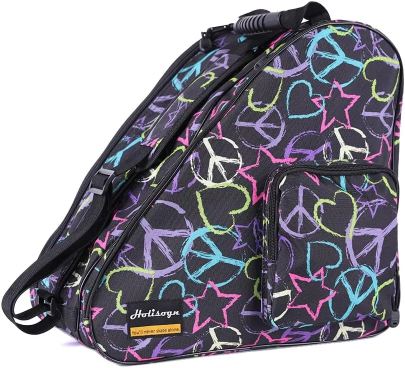 Holisogn Ice, Figure, Inline and Roller Skate Bag, Premium and Fashion Bags for child, kids, teenager, adult (Peace & Love Black HLS002)