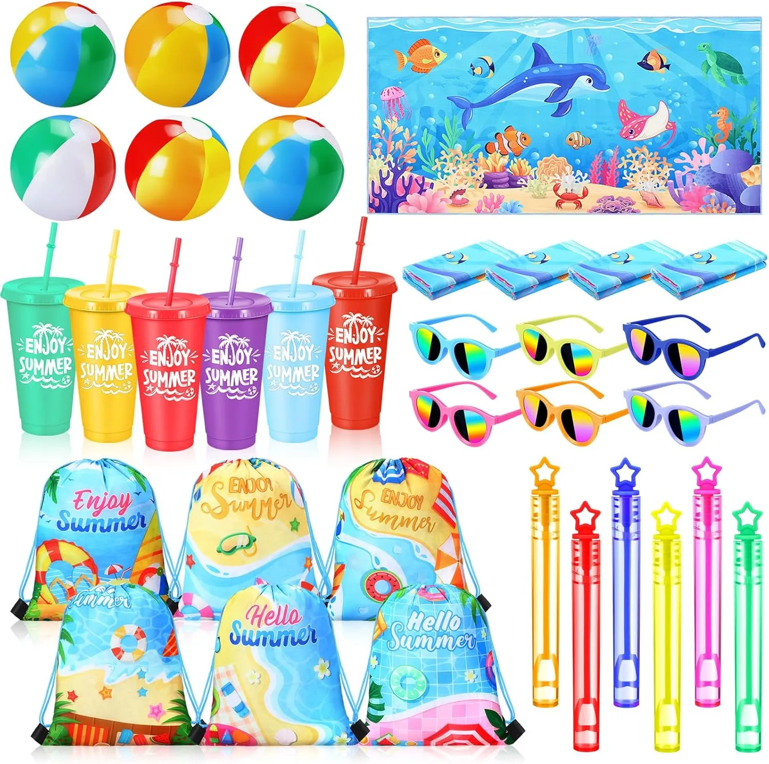 Honeydak 6 Set Pool Party Favors and Beach Toys for Kids End of Year Gift Summer Drawstring Backpack Bag Tumbler Cups Beach Towel Balls Sunglasses Bubble Wands for Pool Games Birthday Party Favors