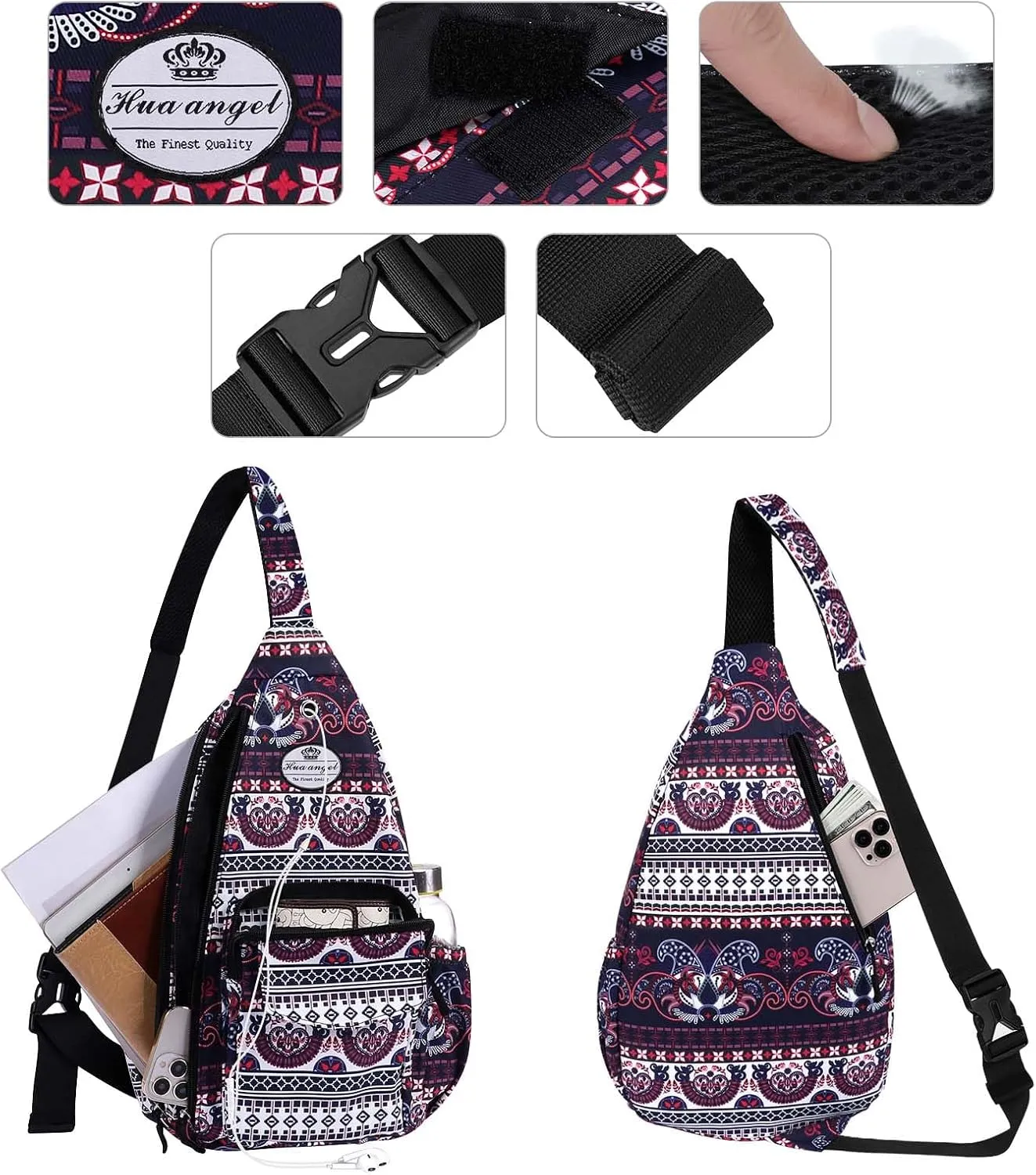HUA ANGEL Crossbody Sling Bag for Men Women Lightweight Over the Shoulder Purse Day Bag Multipockets for Travel, Hiking, Gym