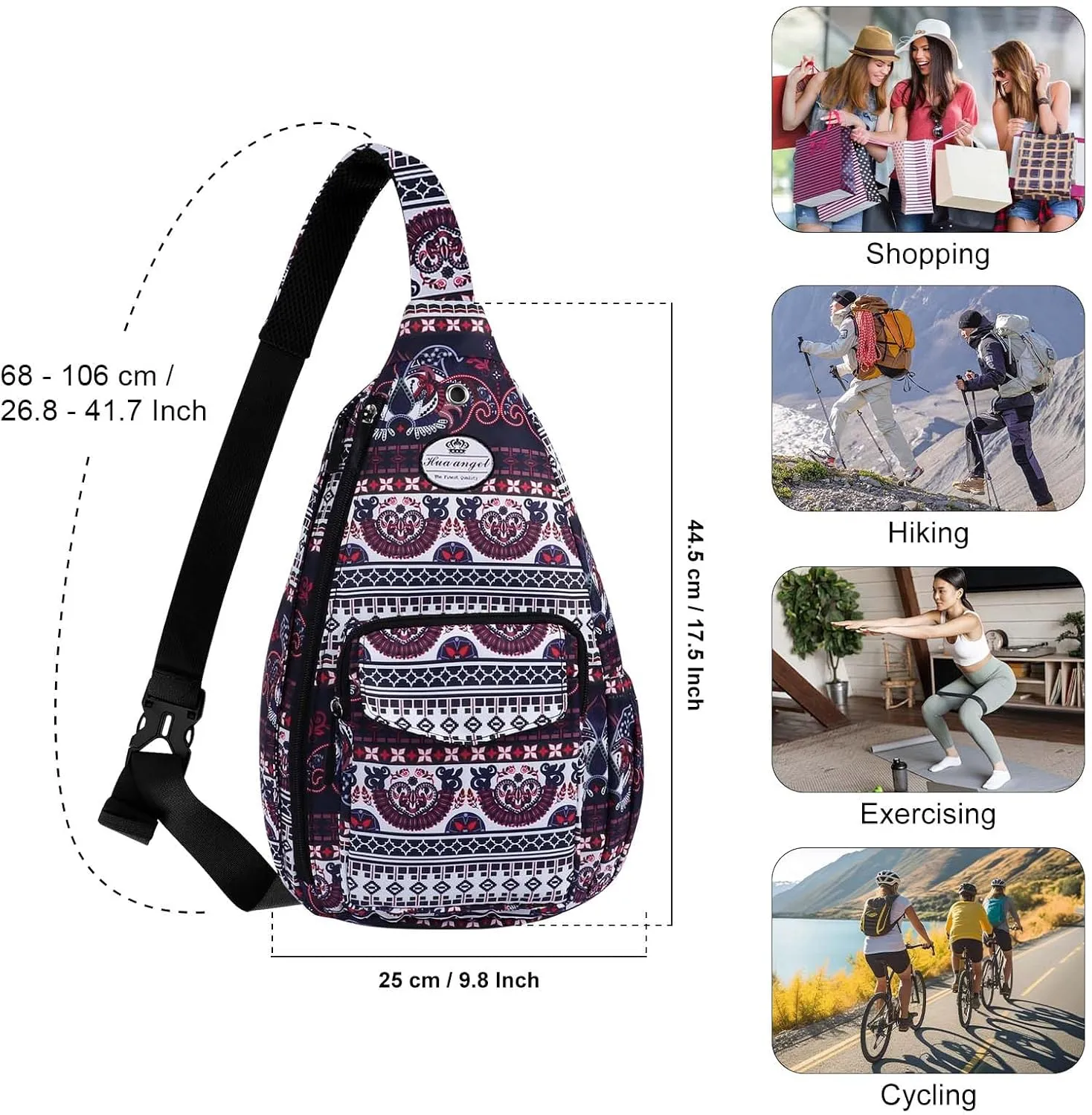 HUA ANGEL Crossbody Sling Bag for Men Women Lightweight Over the Shoulder Purse Day Bag Multipockets for Travel, Hiking, Gym