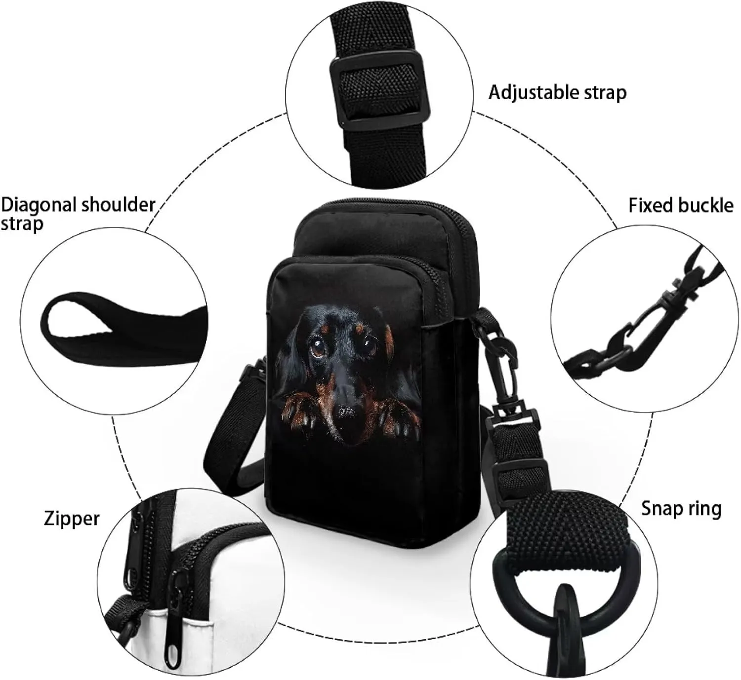 HUGS IDEA Black Dachshund Women's Mini Cross Body Bags Shoulder Handbag Cell phone Pouch Purse for Travel