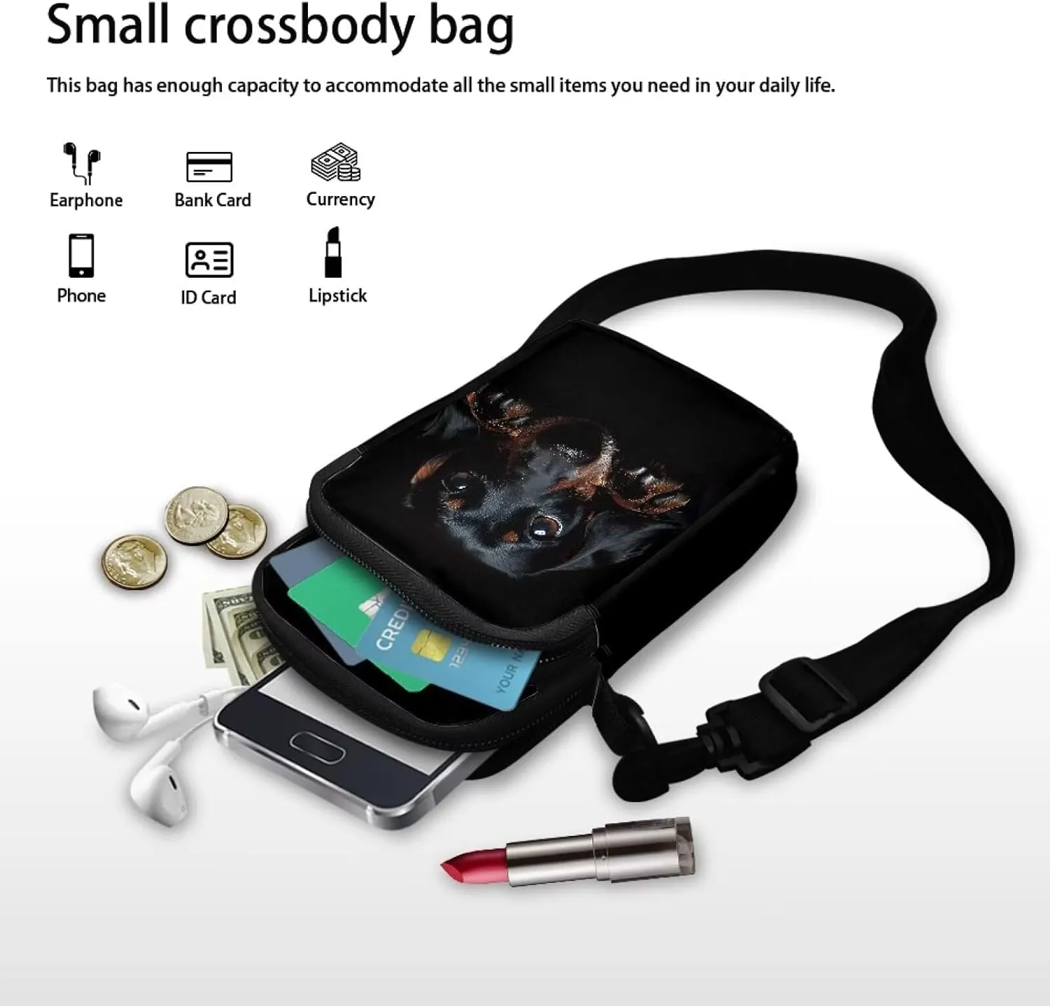 HUGS IDEA Black Dachshund Women's Mini Cross Body Bags Shoulder Handbag Cell phone Pouch Purse for Travel
