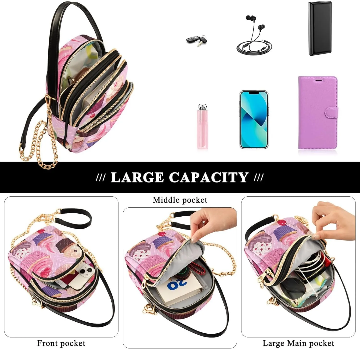 Icing in Colorful Cupcakes Purse with Long Shoulder Strap, Shoulder Bags for Women, Casual Crossbody Bags