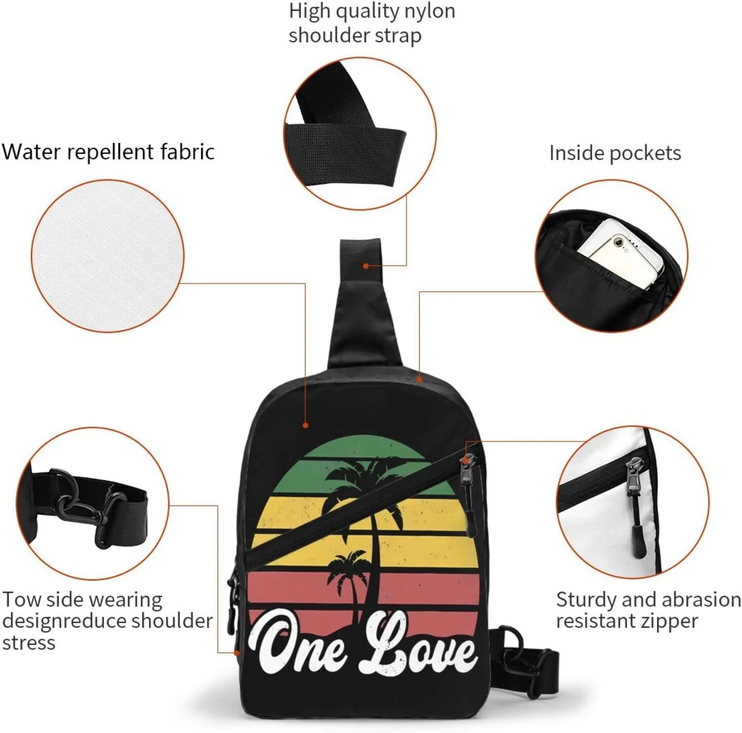 Jamaica One Loves Reggae Caribbean Music Rasta Rastafari Portable Sling Bags Packable Crossbody Bag Foldable Sport Daypack Reusable Shoulder Backpack Diagonally Chest Bag for Workout Travel