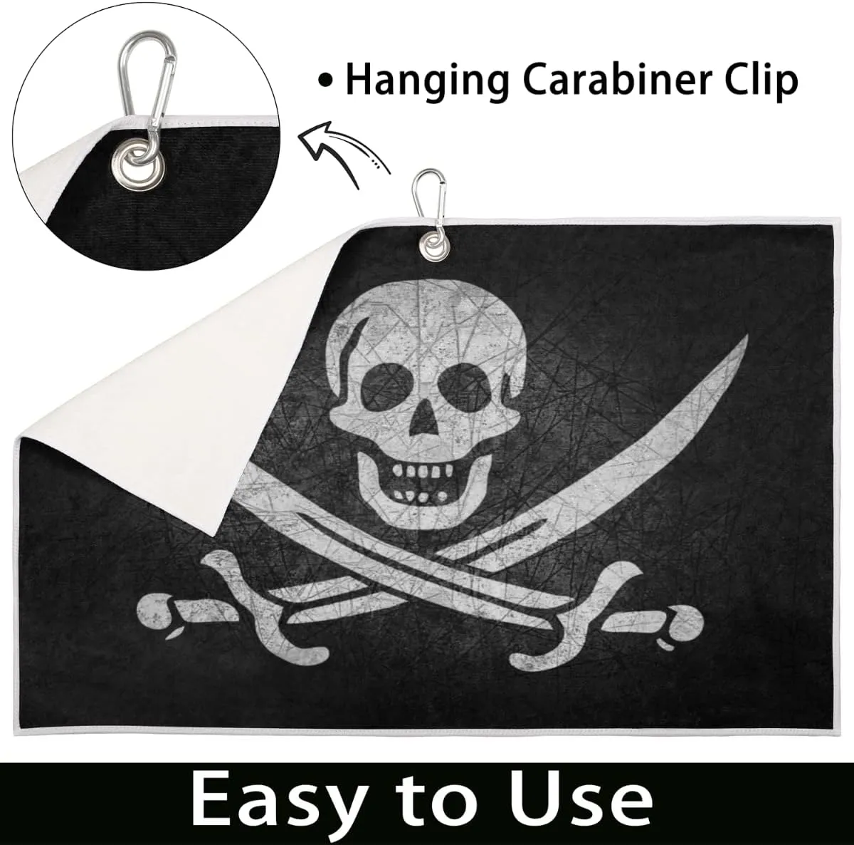 Jolly Roger Pirate Skull Golf Towels for Golf Bags for Men Women, Grunge Skeleton Microfiber Golf Towels with Carabiner Clip Golf Accessories Golf Gifts