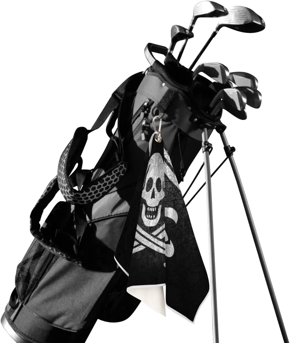 Jolly Roger Pirate Skull Golf Towels for Golf Bags for Men Women, Grunge Skeleton Microfiber Golf Towels with Carabiner Clip Golf Accessories Golf Gifts
