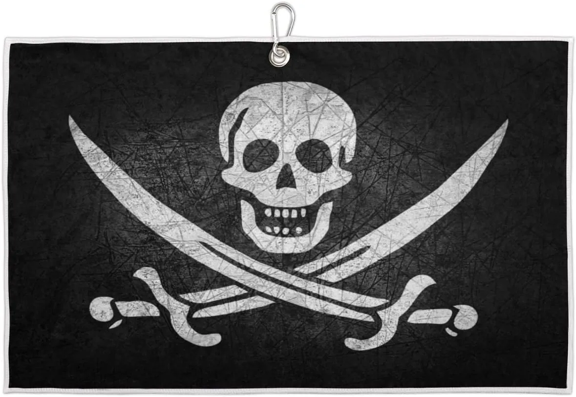 Jolly Roger Pirate Skull Golf Towels for Golf Bags for Men Women, Grunge Skeleton Microfiber Golf Towels with Carabiner Clip Golf Accessories Golf Gifts