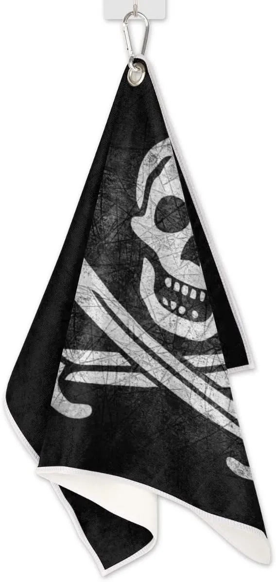 Jolly Roger Pirate Skull Golf Towels for Golf Bags for Men Women, Grunge Skeleton Microfiber Golf Towels with Carabiner Clip Golf Accessories Golf Gifts