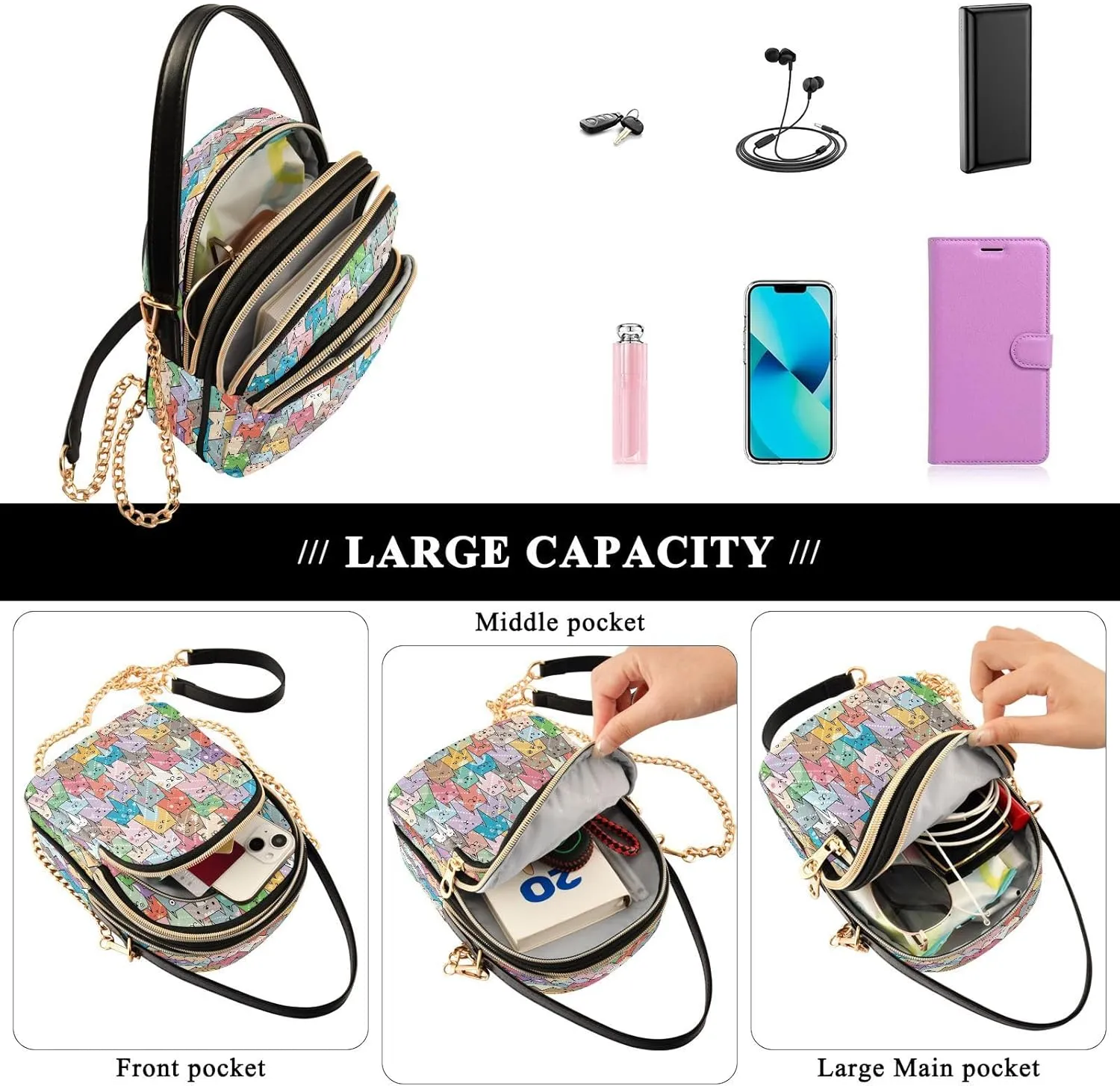 JSTEL Small Crossbody Bag for Women with Compartments,Long Strap Crossbody Purse Polyester Phone Purse Wallet