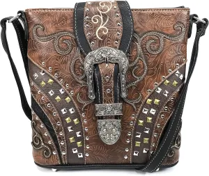 Justin West Clydesdale Tooled Leather Metal Stud Buckle Conceal Carry Women Handbag Purse
