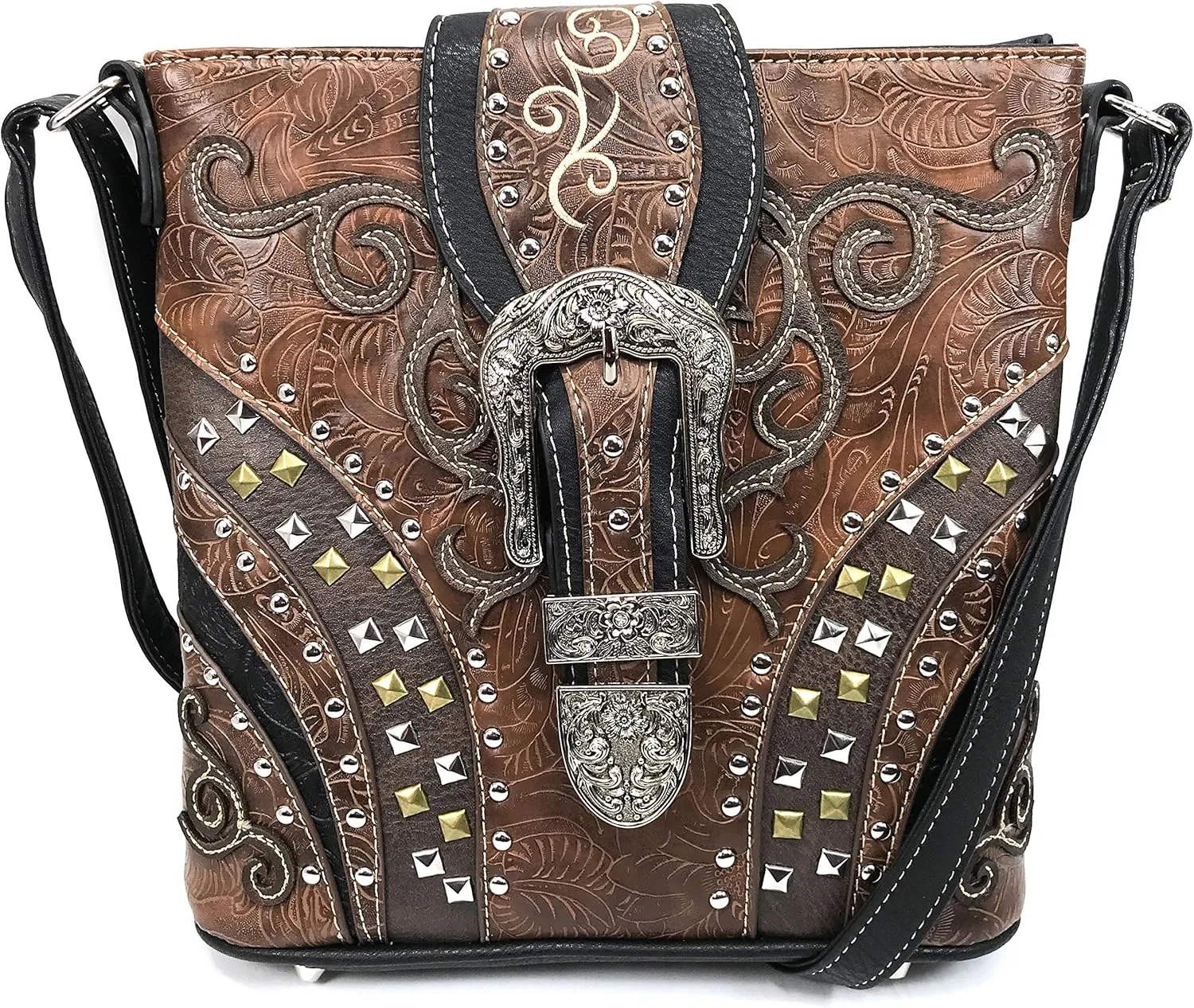 Justin West Clydesdale Tooled Leather Metal Stud Buckle Conceal Carry Women Handbag Purse