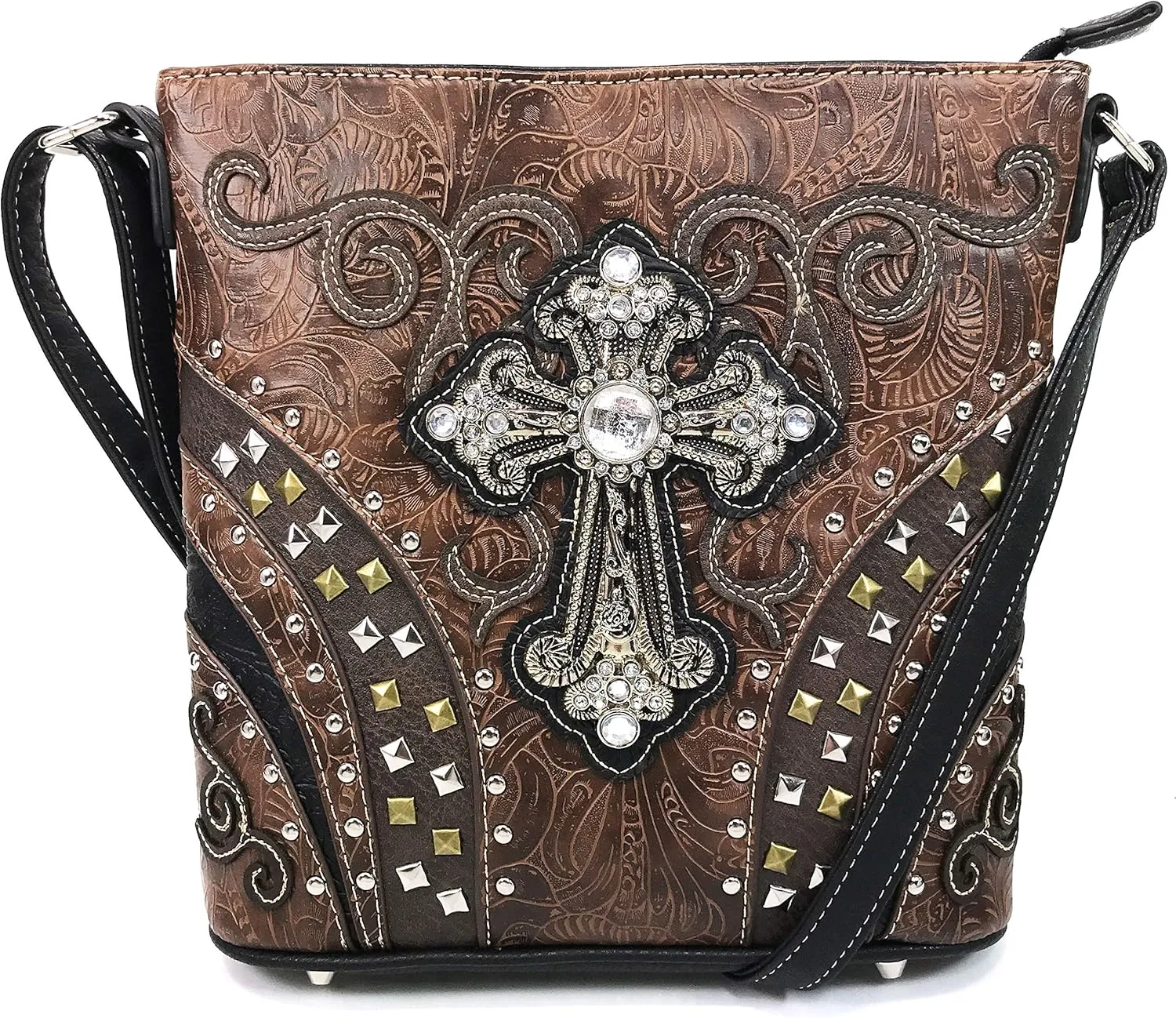 Justin West Clydesdale Tooled Leather Metal Stud Cross Conceal Carry Women Handbag Purse