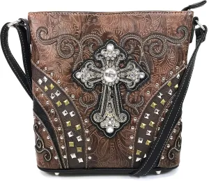 Justin West Clydesdale Tooled Leather Metal Stud Cross Conceal Carry Women Handbag Purse