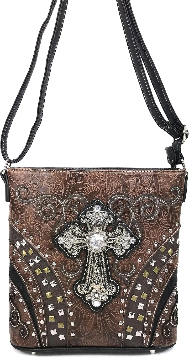 Justin West Clydesdale Tooled Leather Metal Stud Cross Conceal Carry Women Handbag Purse