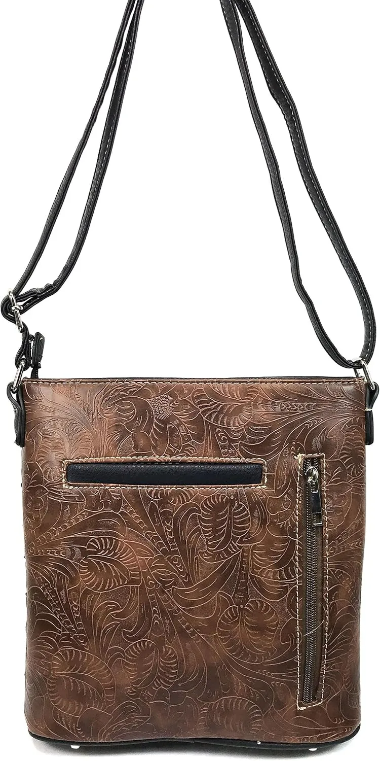 Justin West Clydesdale Tooled Leather Metal Stud Cross Conceal Carry Women Handbag Purse