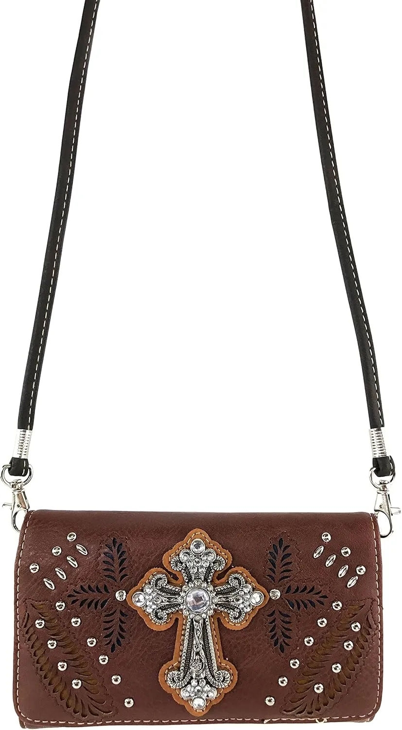 Justin West Floral Laser Cut Western Rhinestone Cross Handbag Purse Conceal Carry