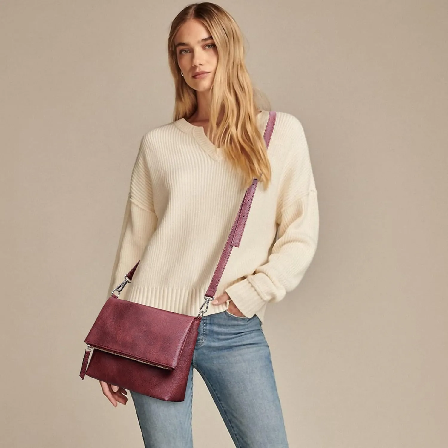 KALIDI Vintage Vegan Leather Crossbody Bag PU Shoulder Bag Handbag Multiple Pockets Adjustable Removable Strap Women