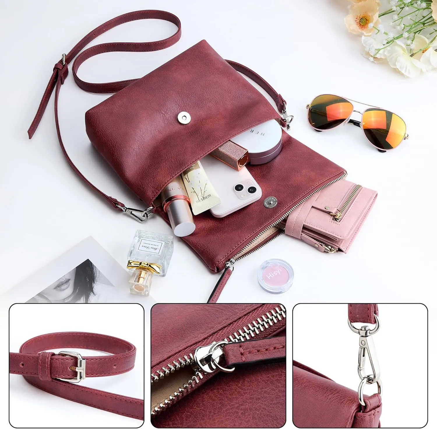 KALIDI Vintage Vegan Leather Crossbody Bag PU Shoulder Bag Handbag Multiple Pockets Adjustable Removable Strap Women
