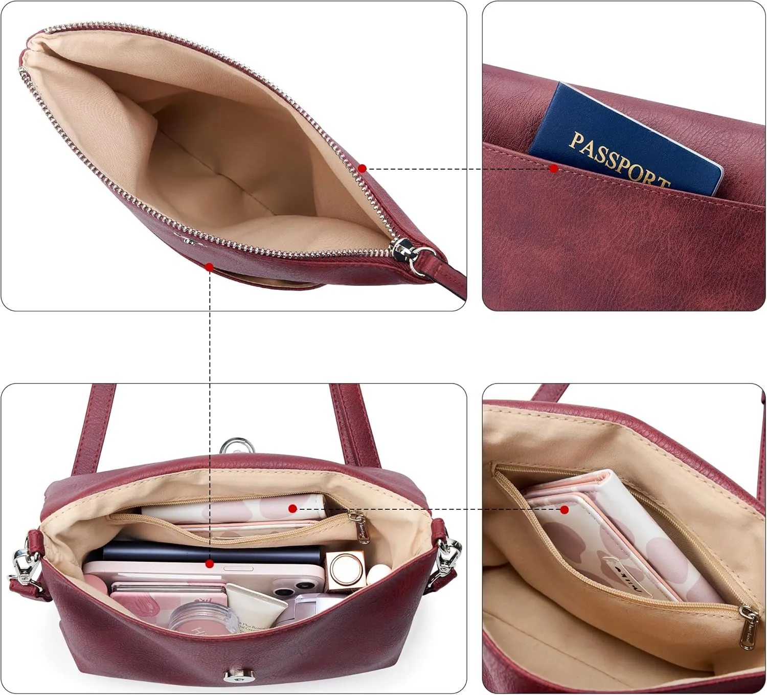 KALIDI Vintage Vegan Leather Crossbody Bag PU Shoulder Bag Handbag Multiple Pockets Adjustable Removable Strap Women
