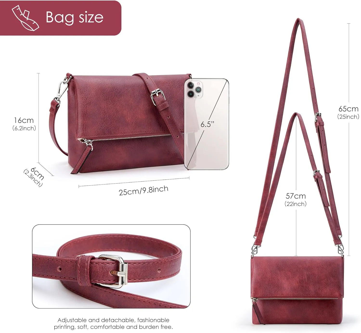 KALIDI Vintage Vegan Leather Crossbody Bag PU Shoulder Bag Handbag Multiple Pockets Adjustable Removable Strap Women
