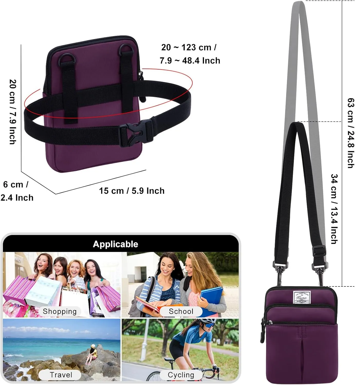 KAMO Multifunction Phone Waist Bag - Diagonal Cross Body Smart Phone Case - Outdoor Bag with Triple Zip - Hipster Crossbody Purse for Women & Men