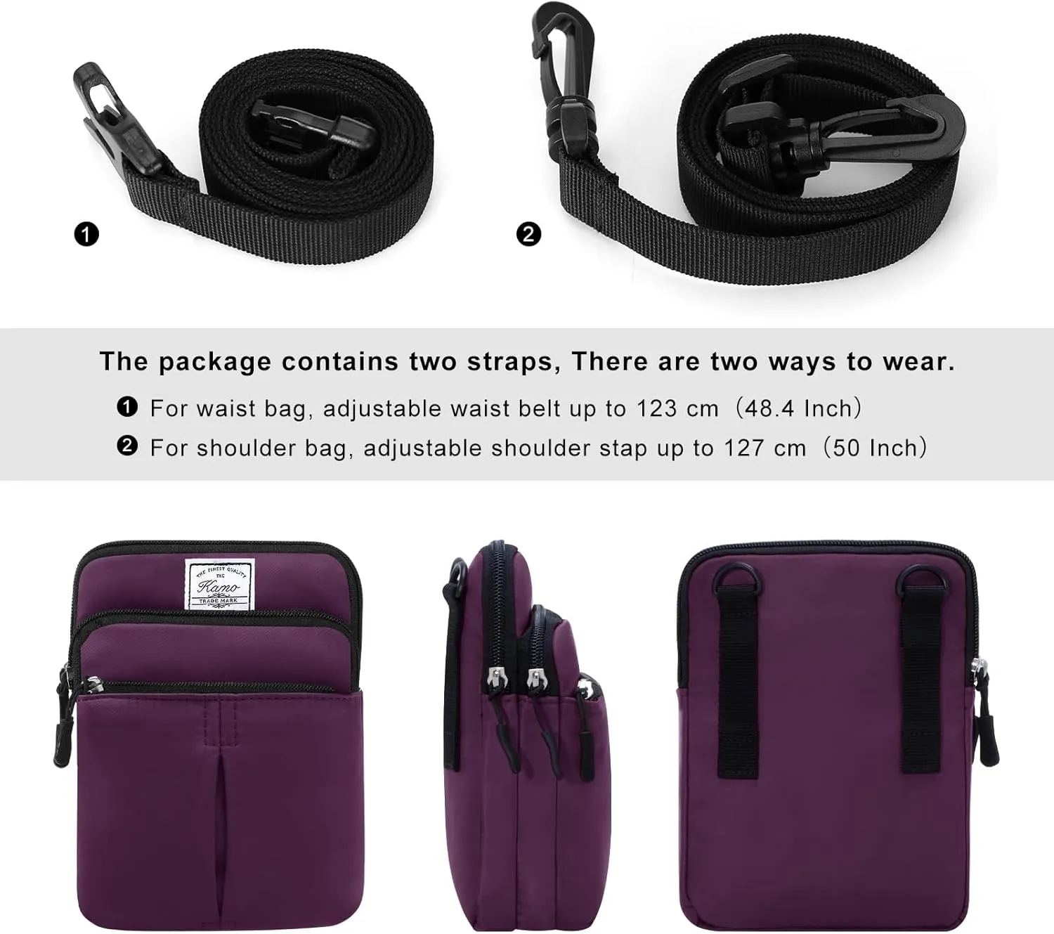 KAMO Multifunction Phone Waist Bag - Diagonal Cross Body Smart Phone Case - Outdoor Bag with Triple Zip - Hipster Crossbody Purse for Women & Men