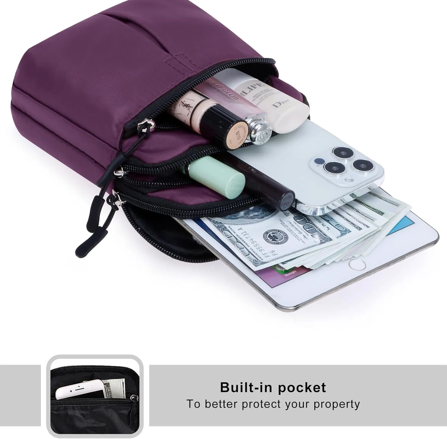 KAMO Multifunction Phone Waist Bag - Diagonal Cross Body Smart Phone Case - Outdoor Bag with Triple Zip - Hipster Crossbody Purse for Women & Men