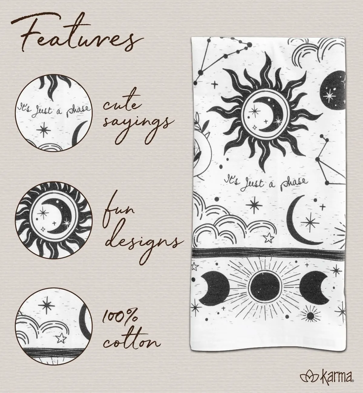 Karma Gifts Black and White Boho Tea Towel,Cotton, Sea Turtle