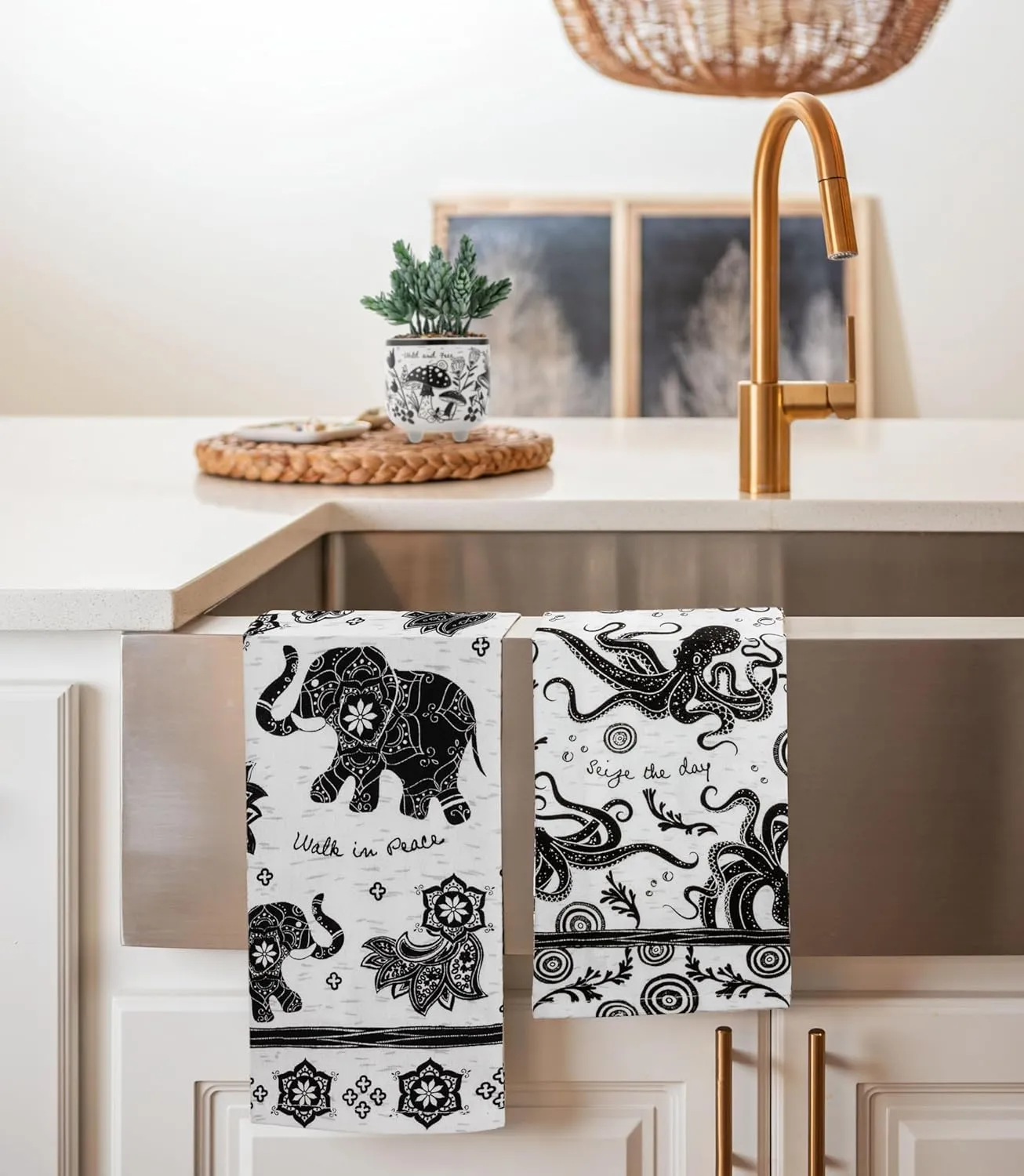 Karma Gifts Black and White Boho Tea Towel,Cotton, Sea Turtle